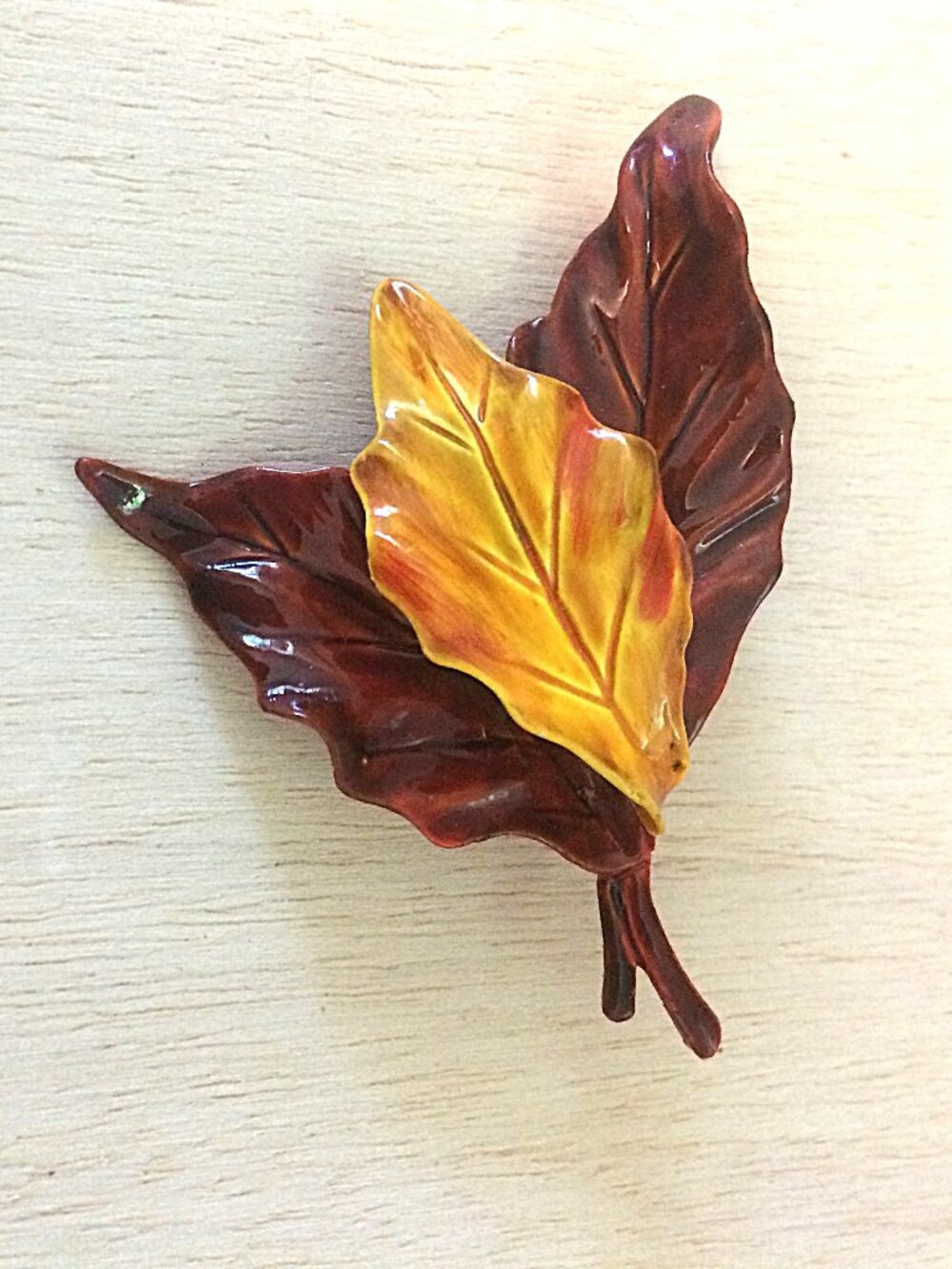 Vintage Enamel Autumn Leaf Brooch Pin Glossy Brown Yellow Fall Foliage 3"